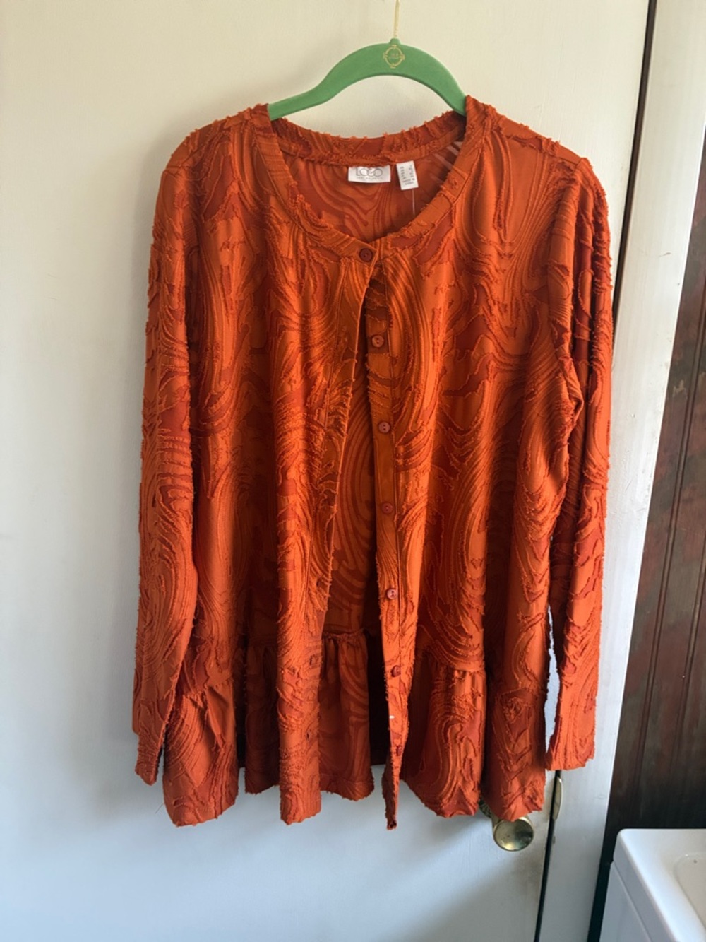 LOGO by Lori Goldstein Textured Button-Front Long-Sleeve Top in Rust Orange